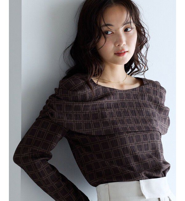 VIS「チェック＆無地ジャガードオフショル風プルオーバー」|Tシャツ・カットソー|ブラウン系(23)