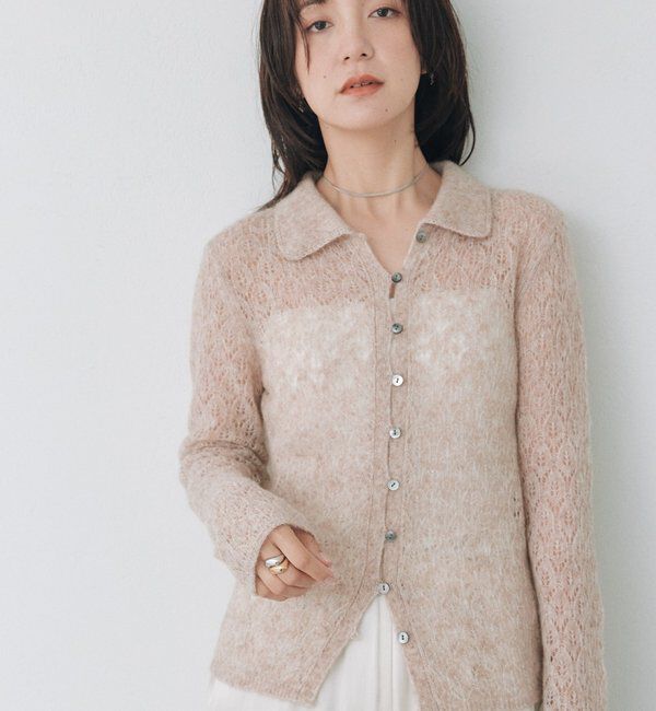  「メッシュパターンポロニット」|カーディガン|ベージュ