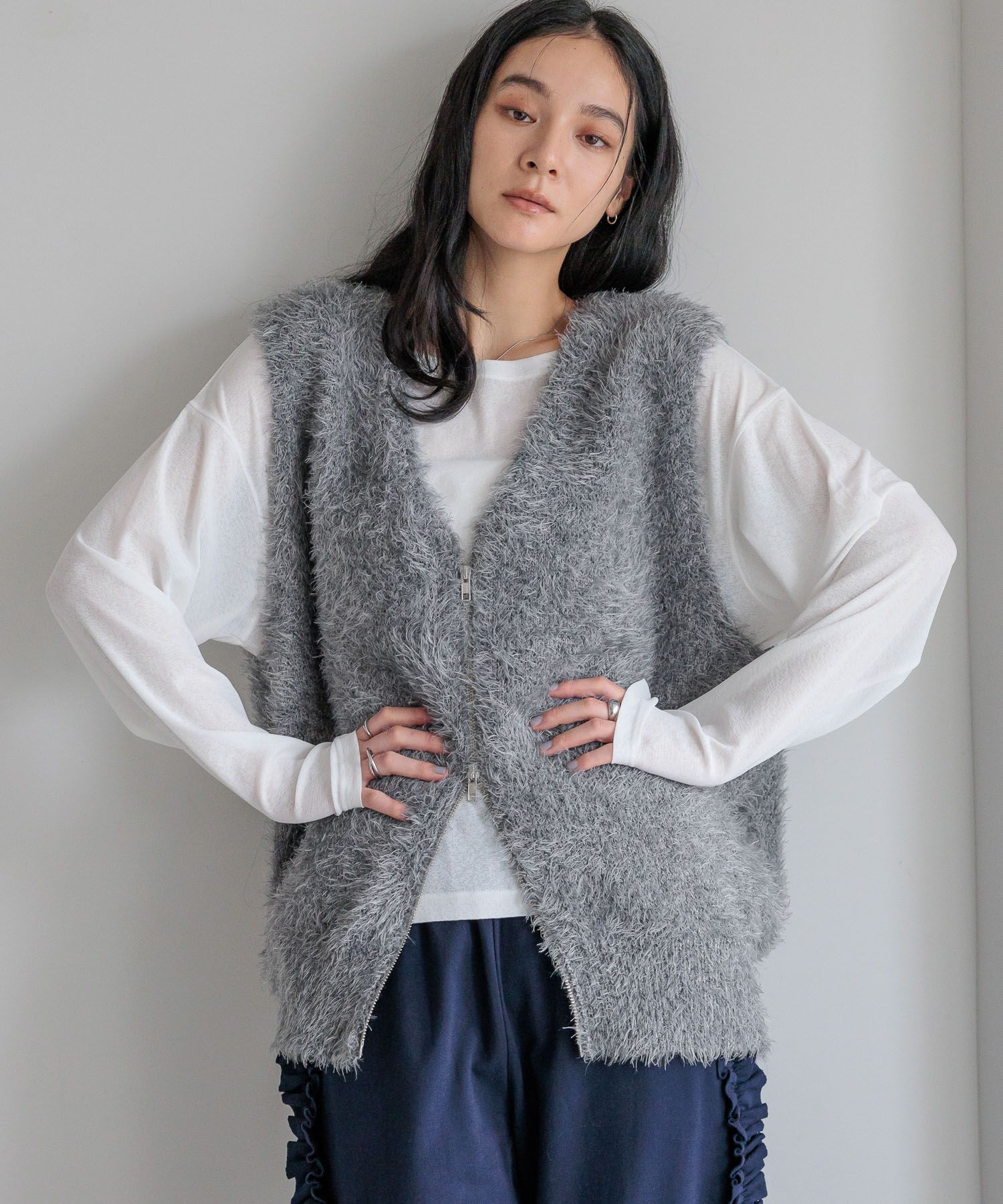 LOWRYS FARM「シャギーＺＩＰベスト」|ニット・セーター|GRY5