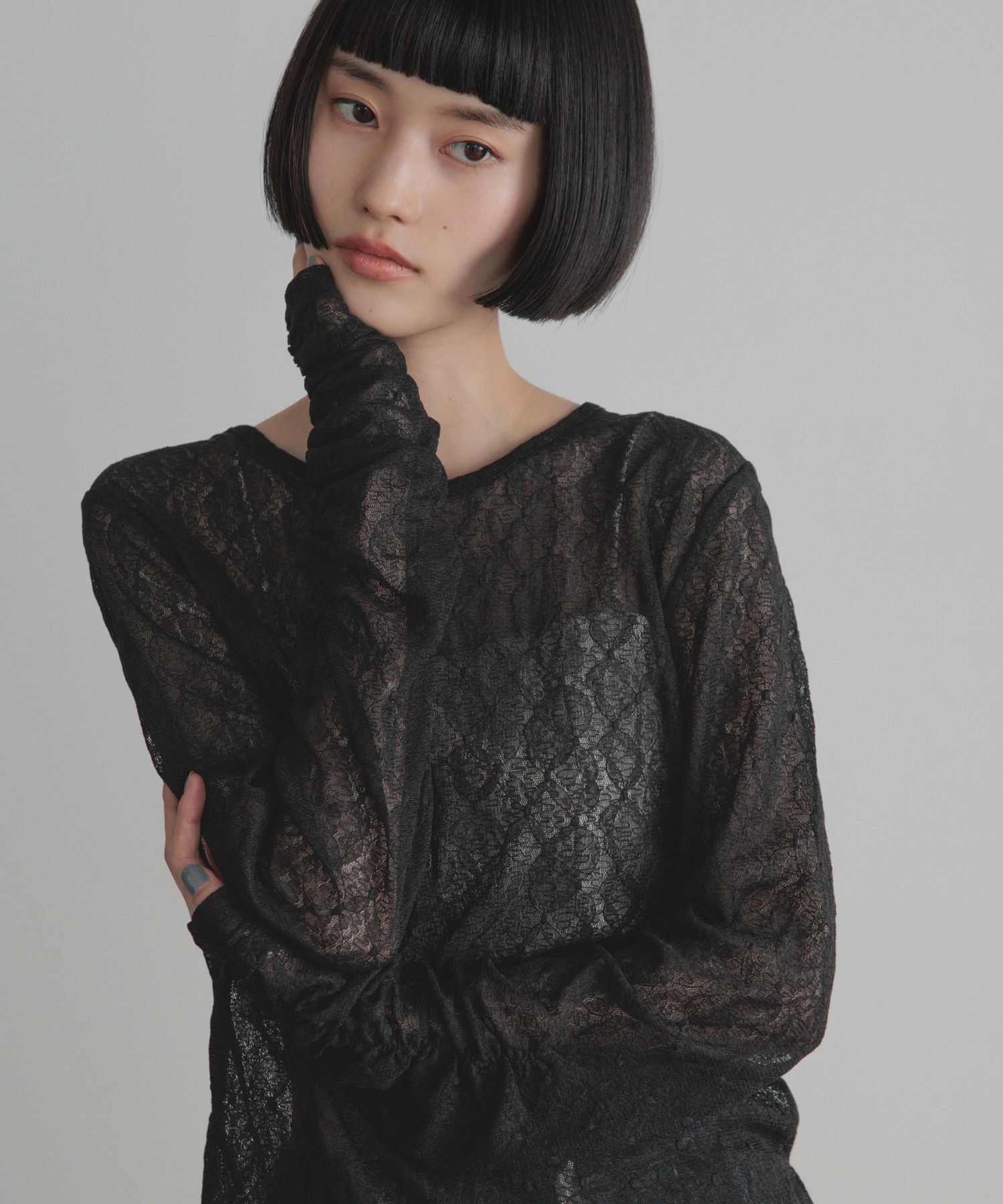 LOWRYS FARM「クシュクシュレースプルオーバーＬＳ」|Tシャツ・カットソー|BLK