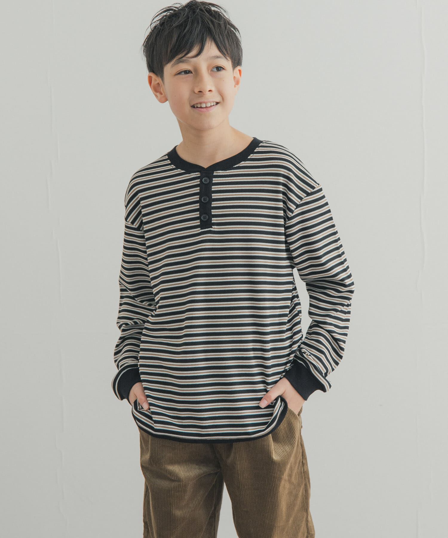 URBAN RESEARCH DOORS「『150サイズあり』ワッフルボーダーロングTシャツ(KIDS)」|その他|ブラック