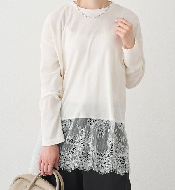  「レースヘムシアーワッフルカットソー」|Tシャツ・カットソー|