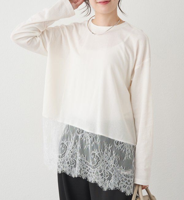  「レースヘムシアーワッフルカットソー」|Tシャツ・カットソー|