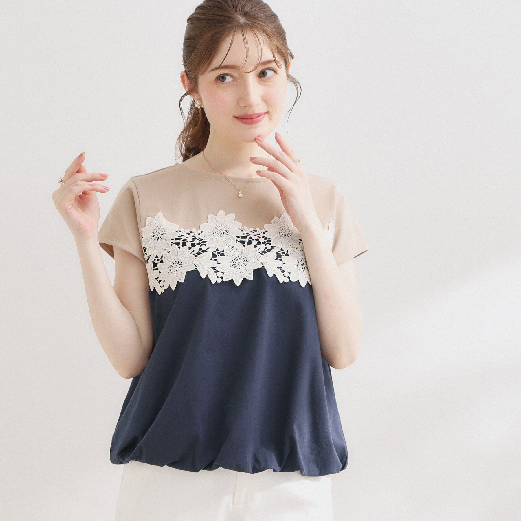 Couture broach「【UVカット・接触冷感・洗える】レース バルーントップス」|Tシャツ・カットソー|ネイビー(594)