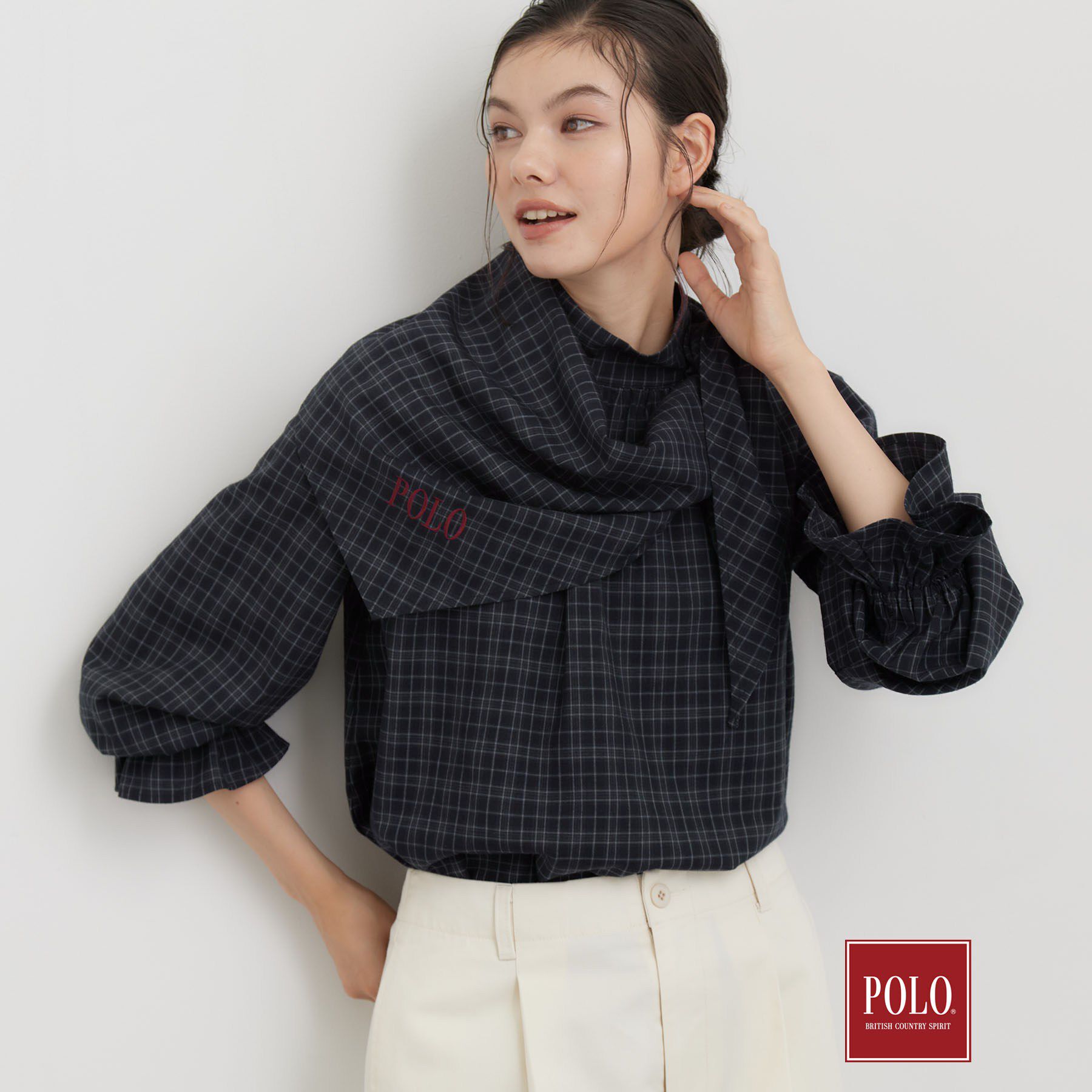 THE SHOP TK「POLO BCS/チェックスカーフ付きブラウス」|シャツ・ブラウス|