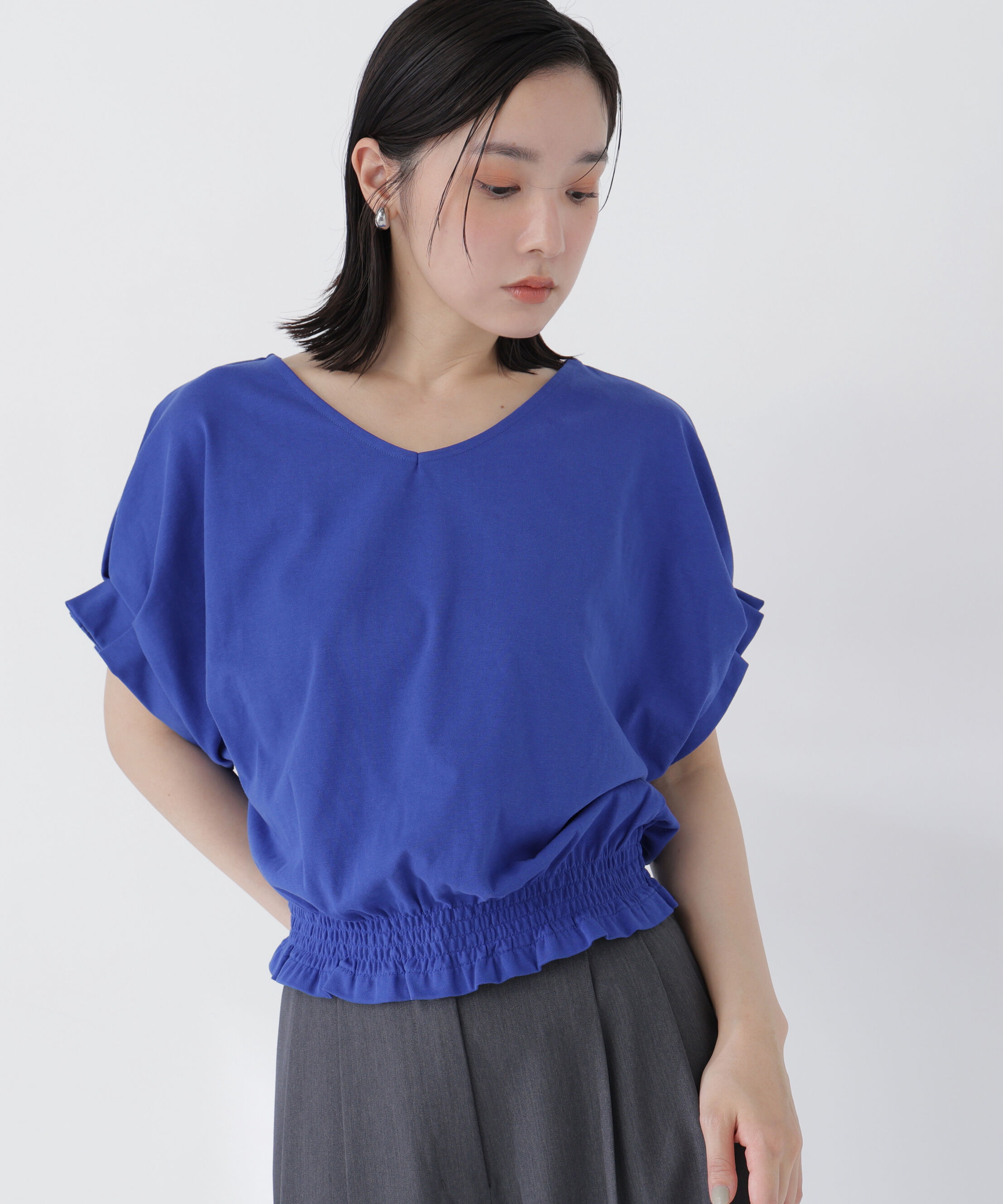  「裾シャーリング半袖カットソー」|Tシャツ・カットソー|ブルー1