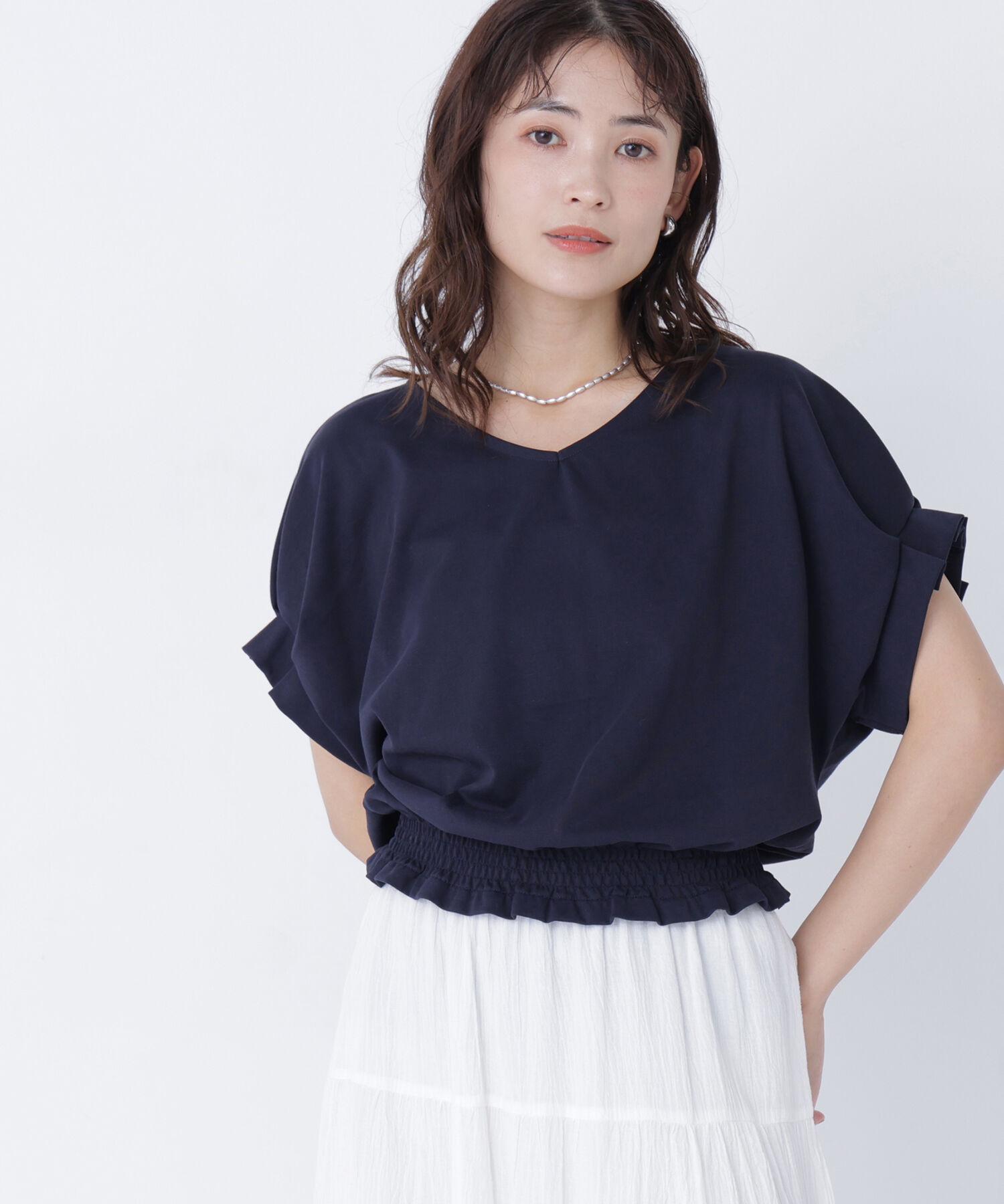  「裾シャーリング半袖カットソー」|Tシャツ・カットソー|ネイビー