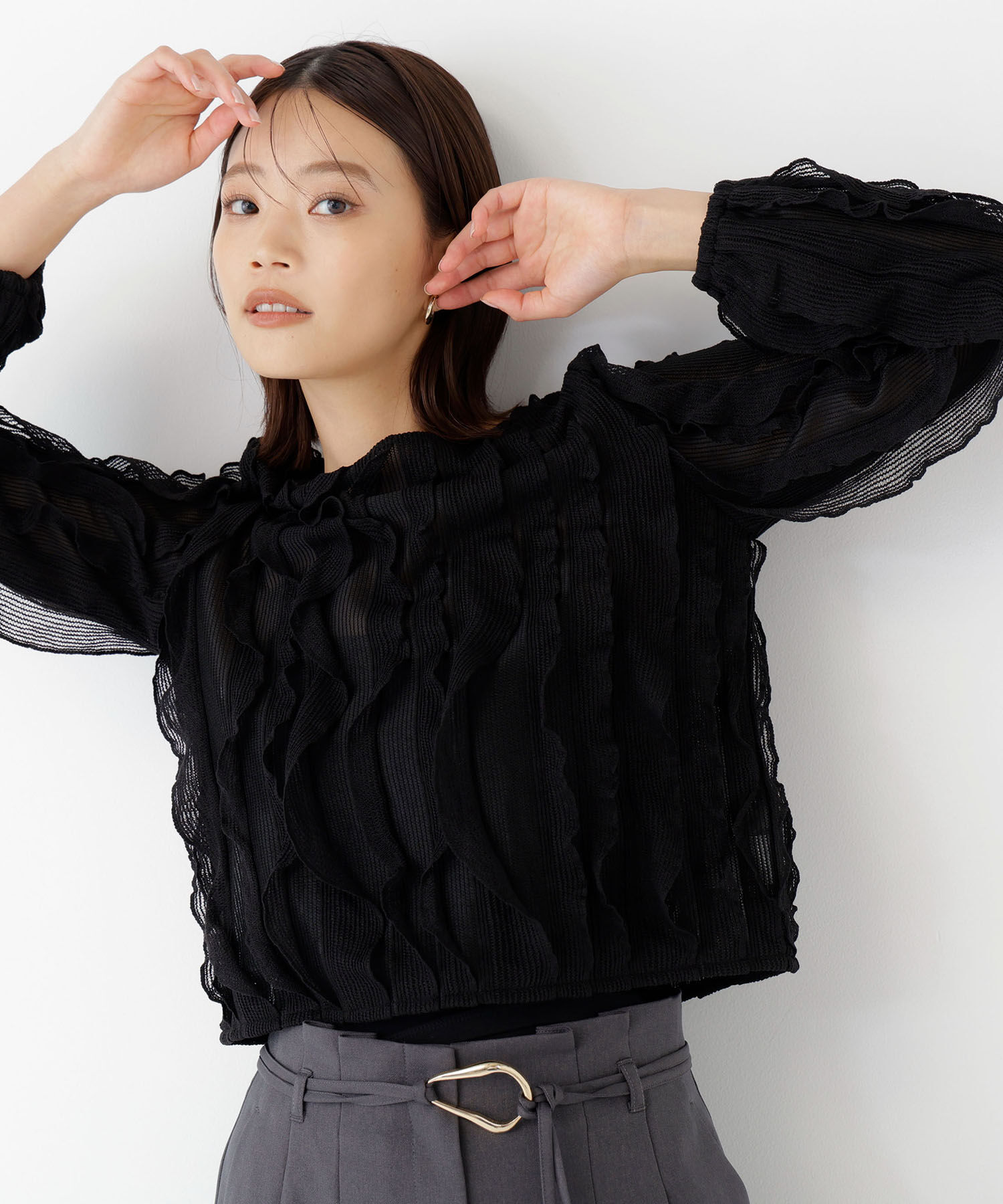  「シアーフリルプルオーバー」|Tシャツ・カットソー|ブラック