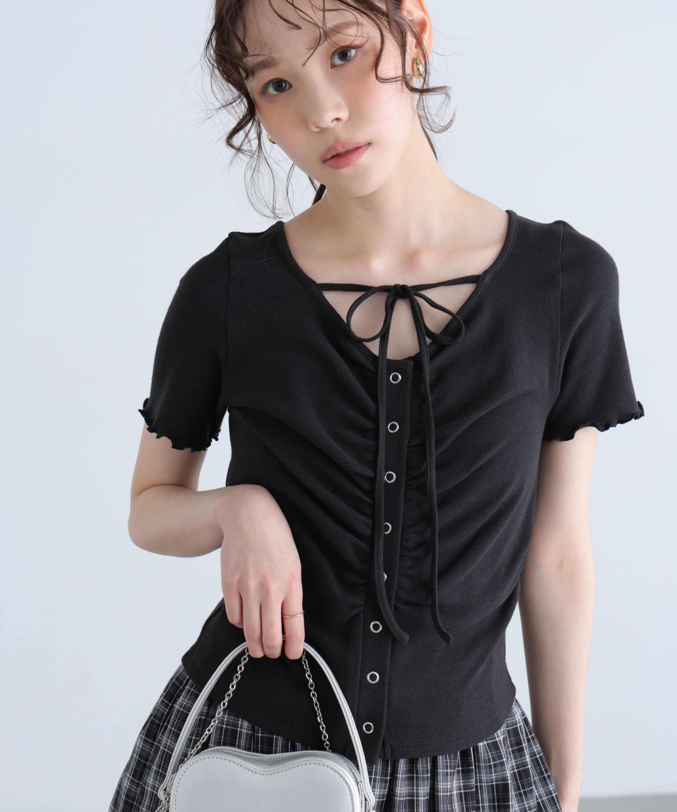  「フロントギャザーデコルテ半袖カットソー」|Tシャツ・カットソー|
