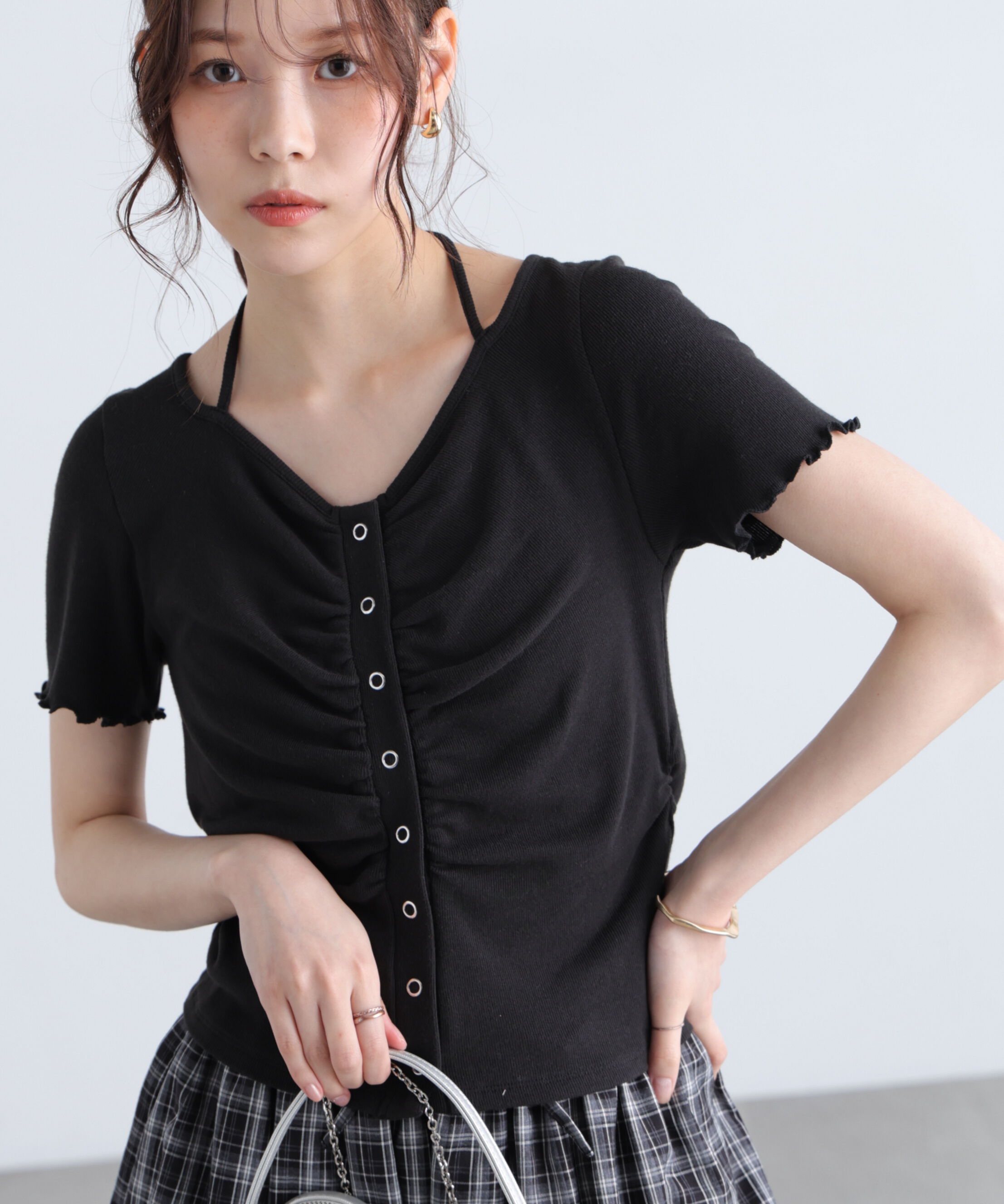  「フロントギャザーデコルテ半袖カットソー」|Tシャツ・カットソー|