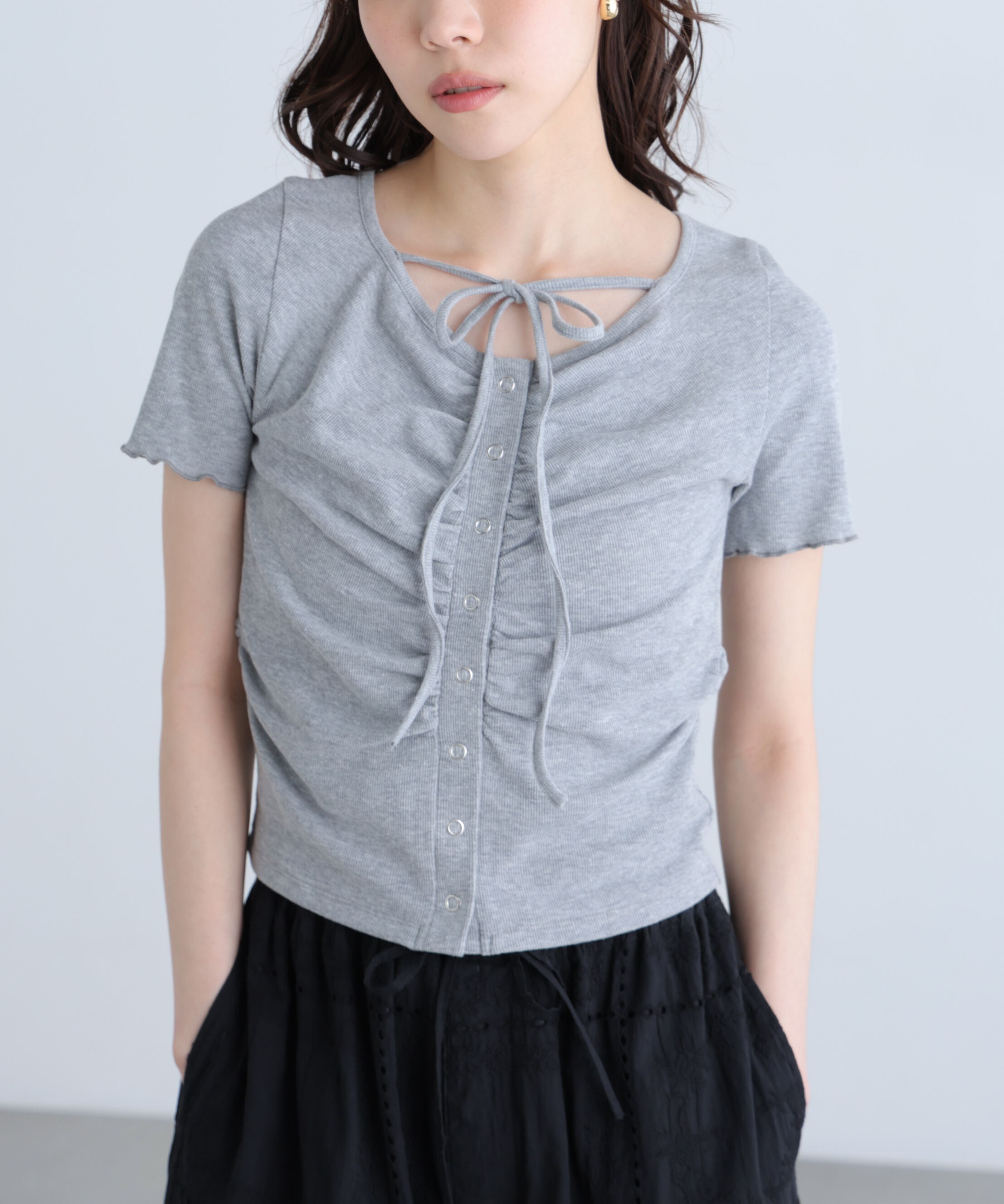  「フロントギャザーデコルテ半袖カットソー」|Tシャツ・カットソー|