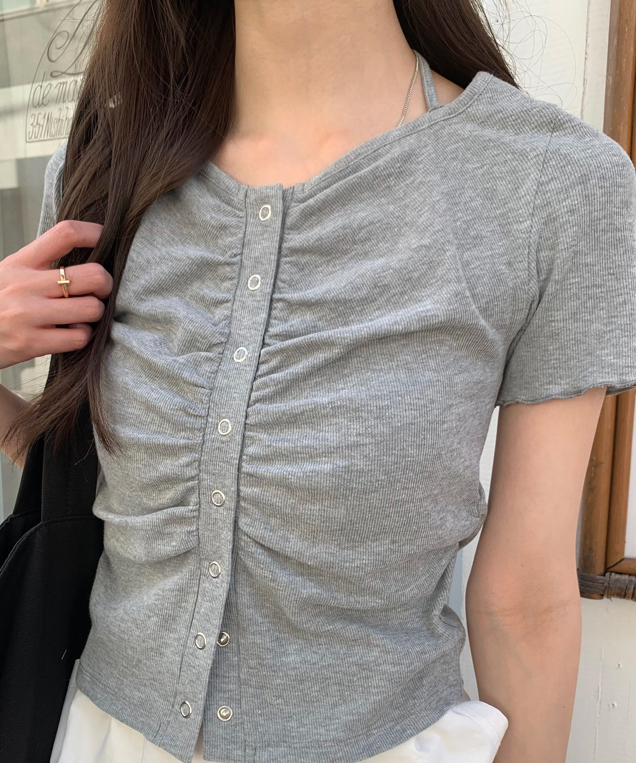  「フロントギャザーデコルテ半袖カットソー」|Tシャツ・カットソー|