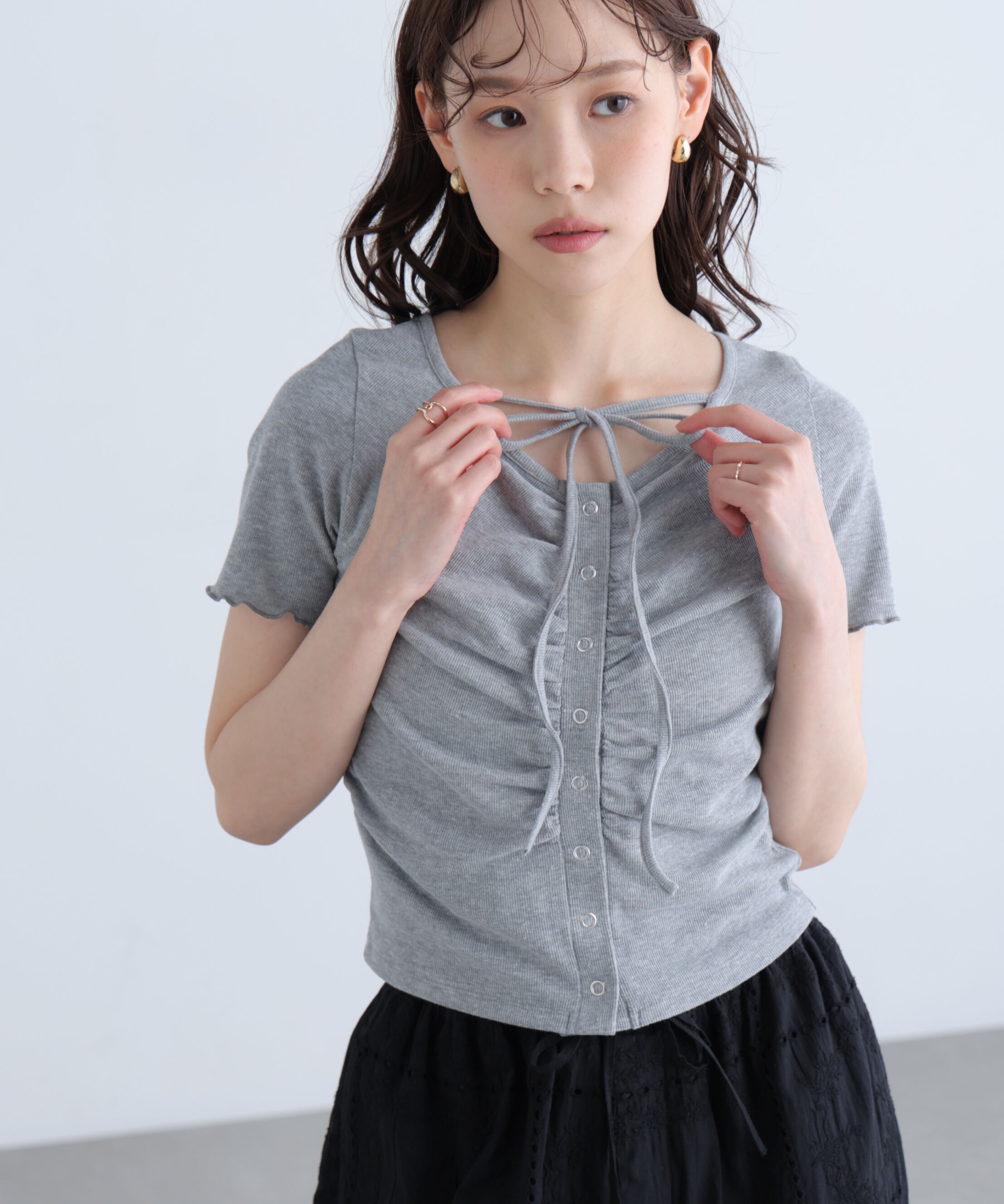 「フロントギャザーデコルテ半袖カットソー」|Tシャツ・カットソー|