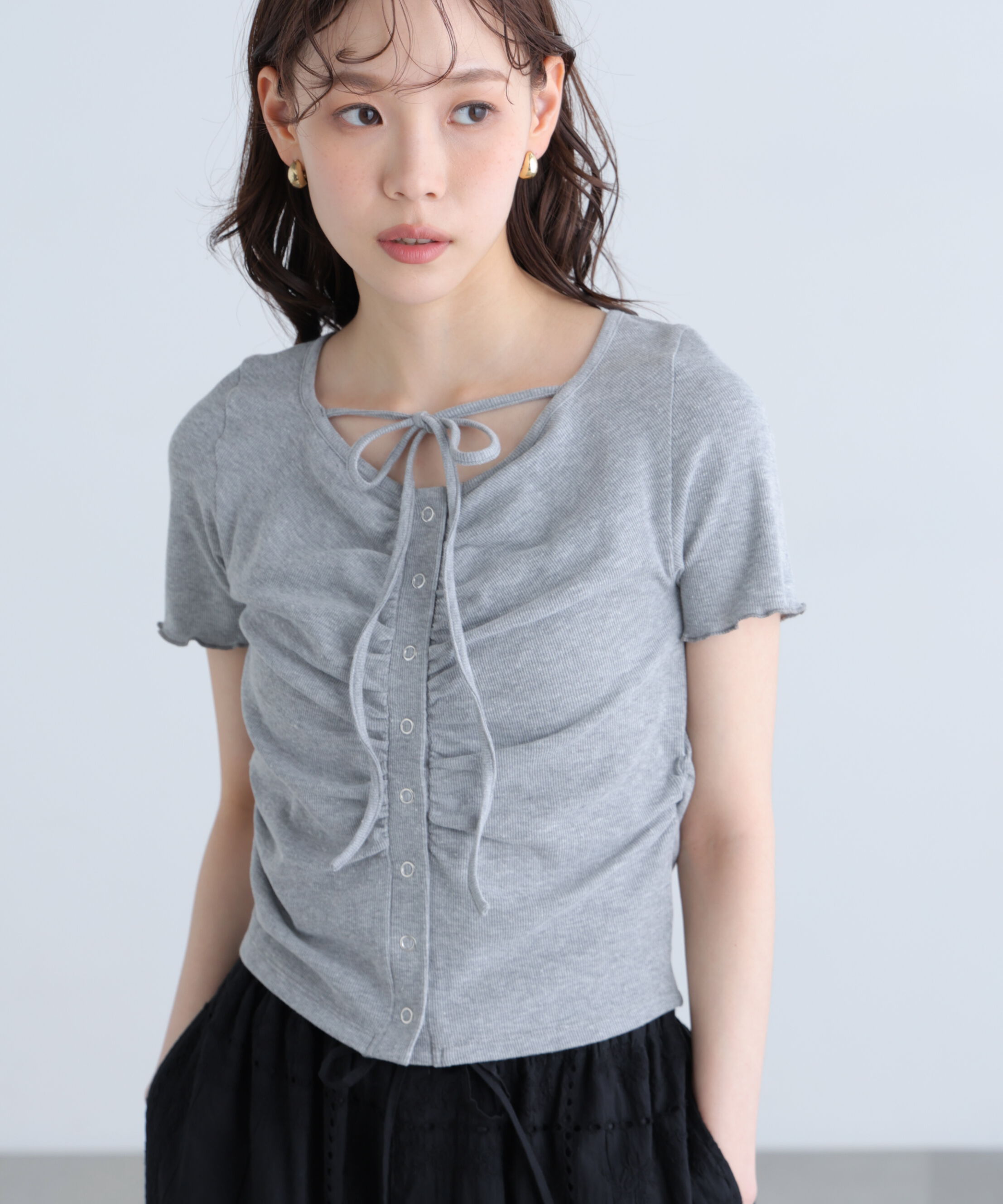  「フロントギャザーデコルテ半袖カットソー」|Tシャツ・カットソー|