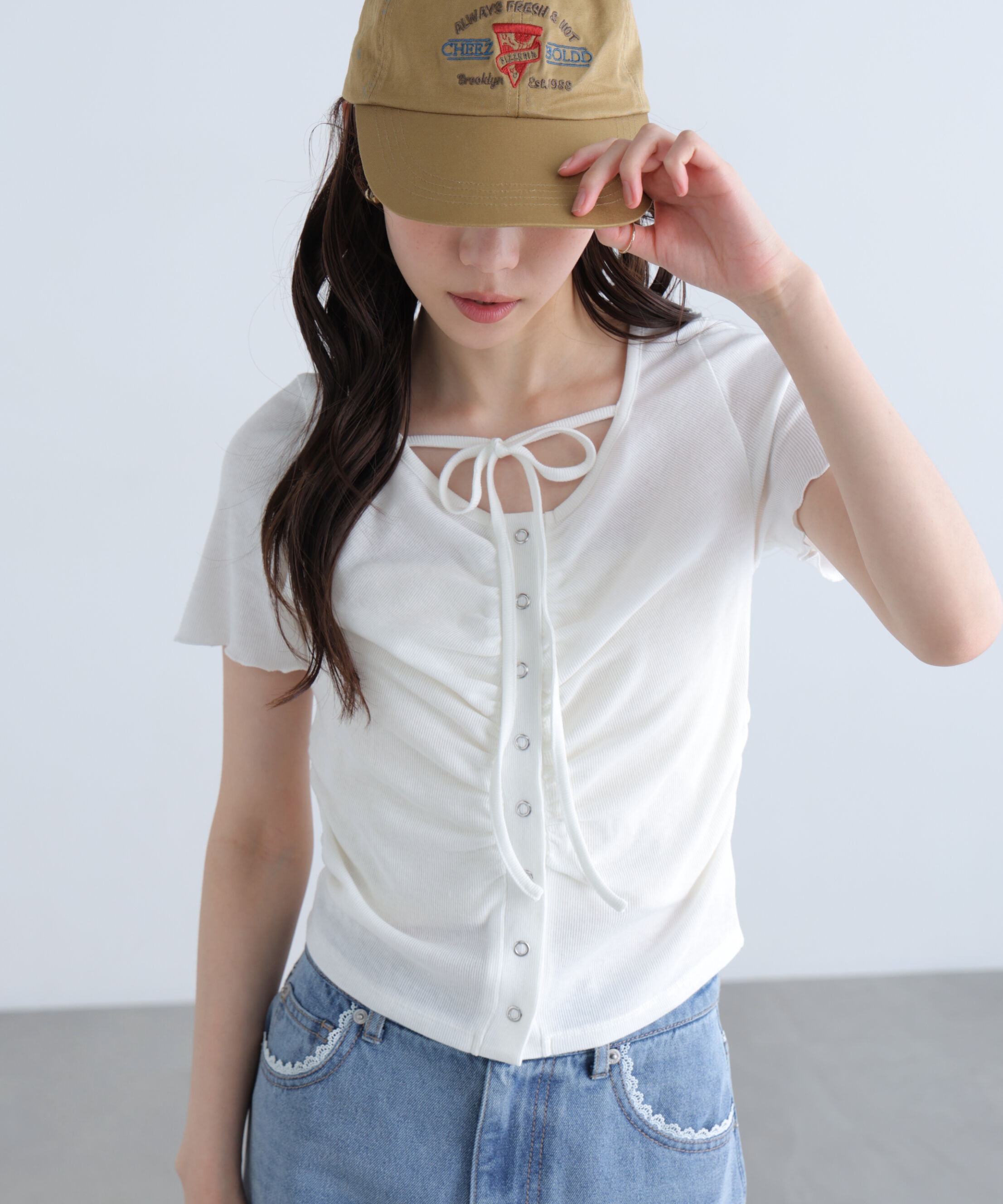  「フロントギャザーデコルテ半袖カットソー」|Tシャツ・カットソー|