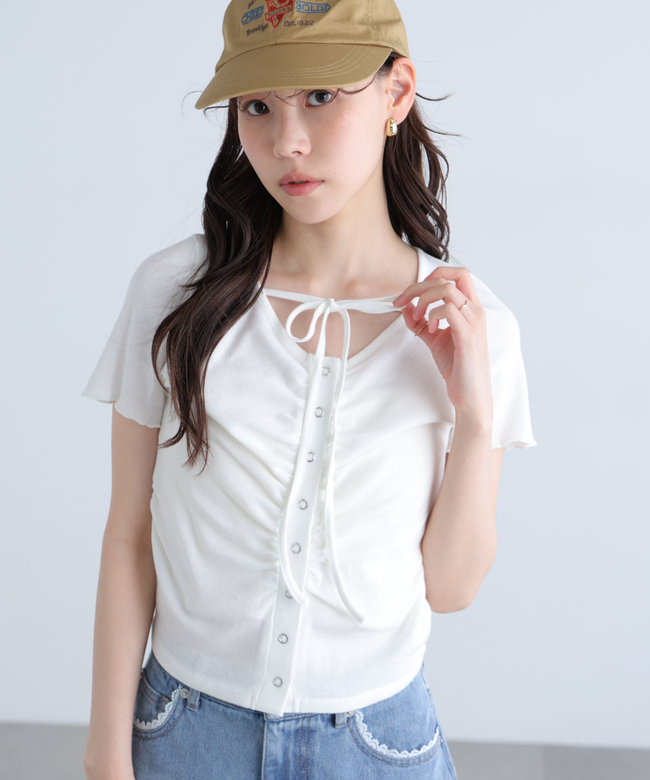  「フロントギャザーデコルテ半袖カットソー」|Tシャツ・カットソー|