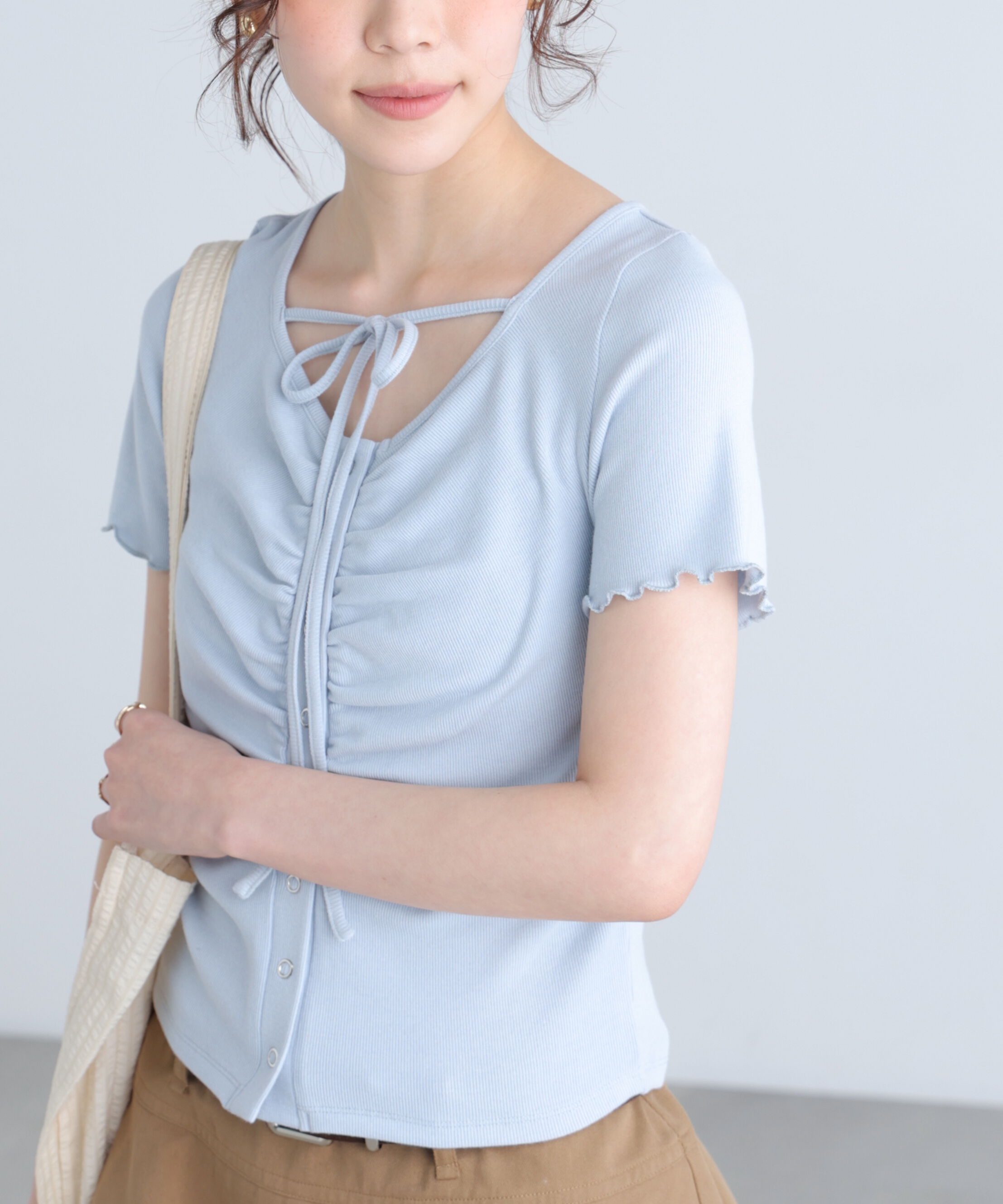  「フロントギャザーデコルテ半袖カットソー」|Tシャツ・カットソー|サックス