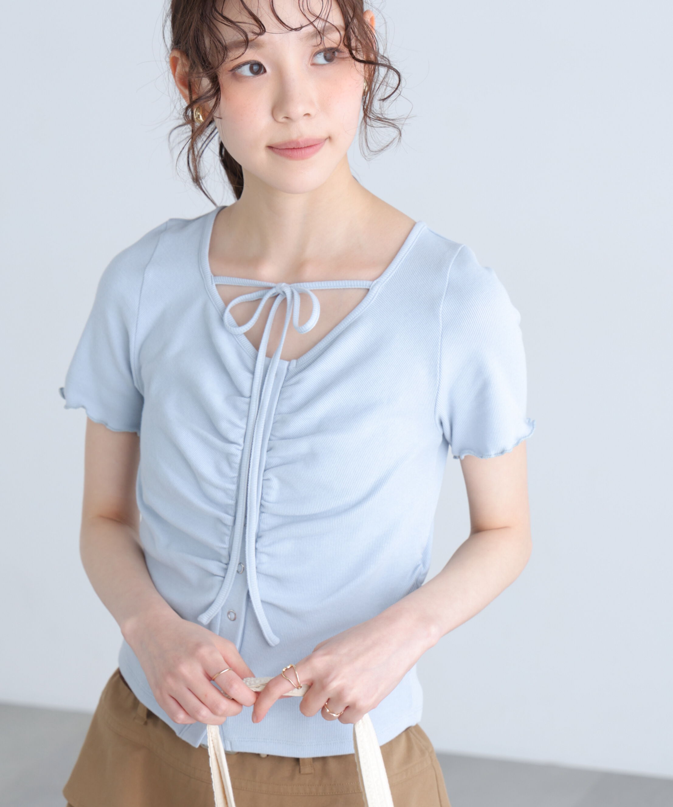  「フロントギャザーデコルテ半袖カットソー」|Tシャツ・カットソー|