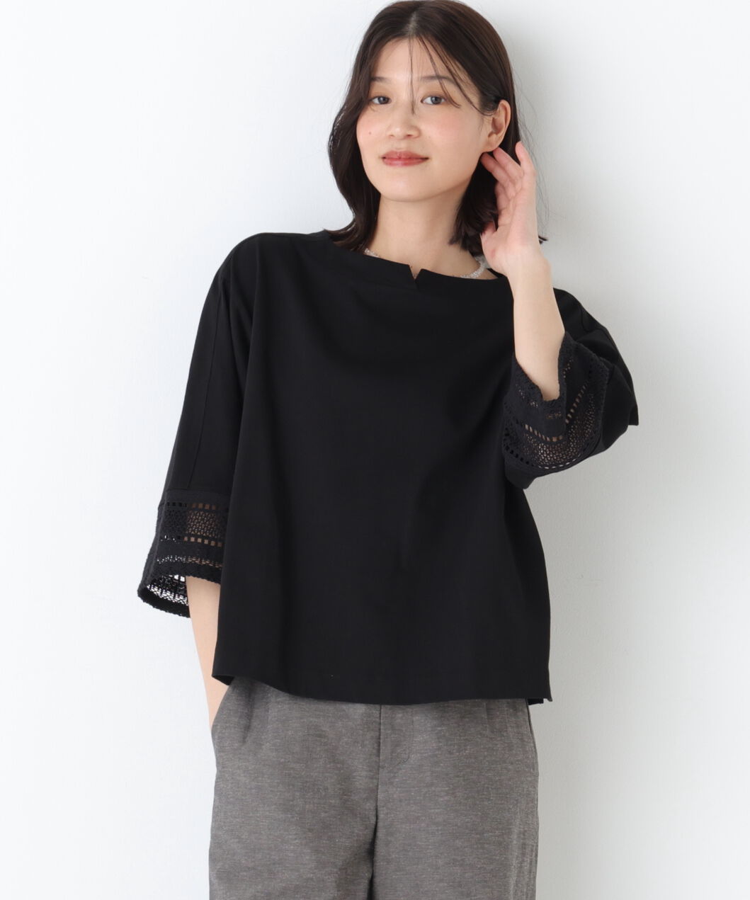  「◆袖レース強撚糸ＴＯＰＳ」|Tシャツ・カットソー|