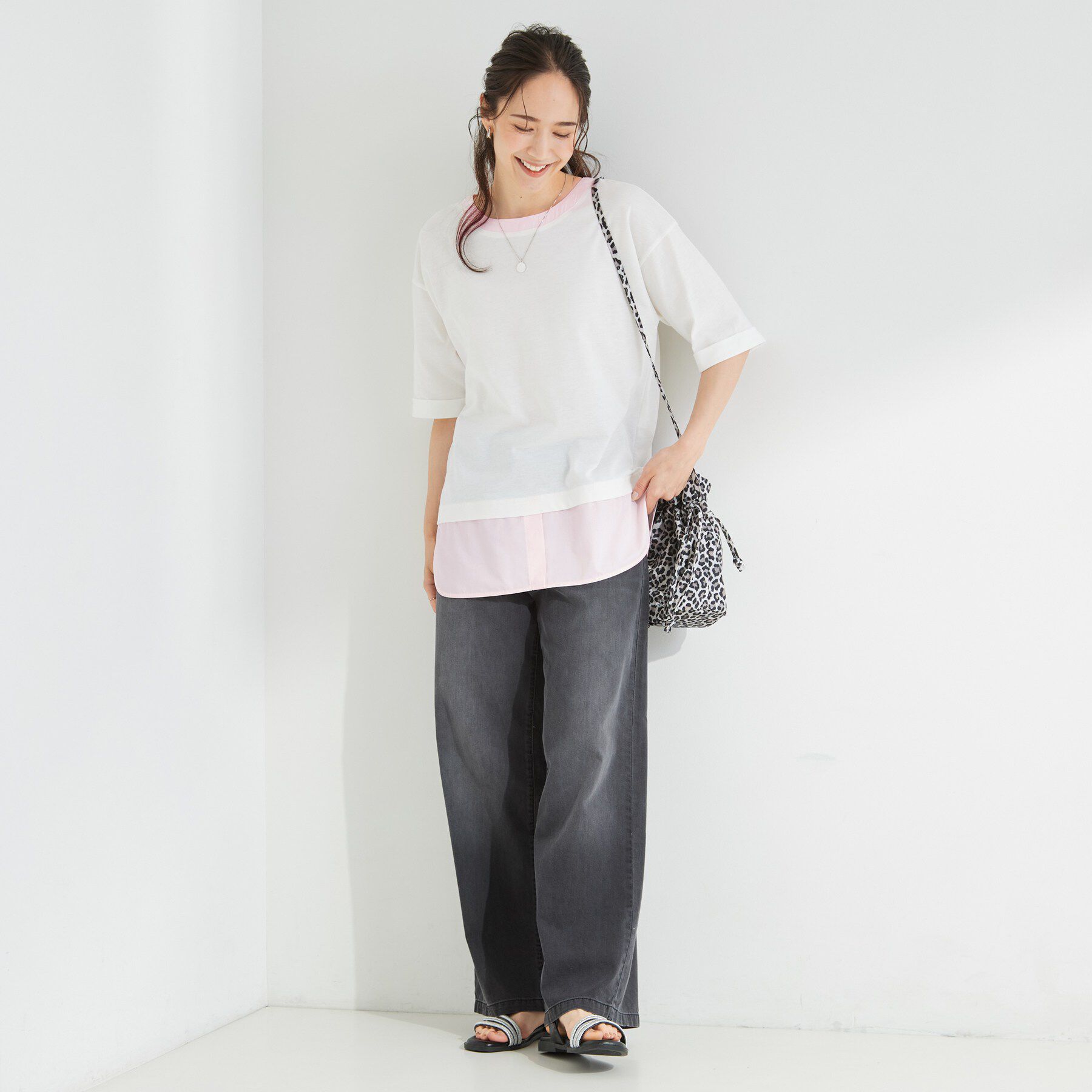 SHOO･LA･RUE「【インせず着られる/二の腕隠れる】重ね着風 シャツドッキングトップス」|Tシャツ・カットソー|