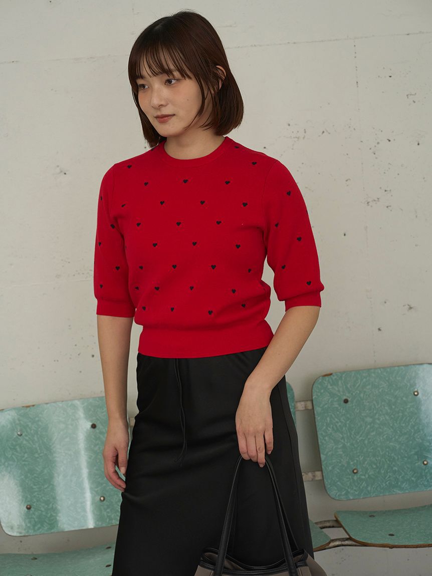 emmi atelier「【HEART】 eco ハーフスリーブハートジャガードニット【アンサンブル可能】」|ニット・セーター|RED