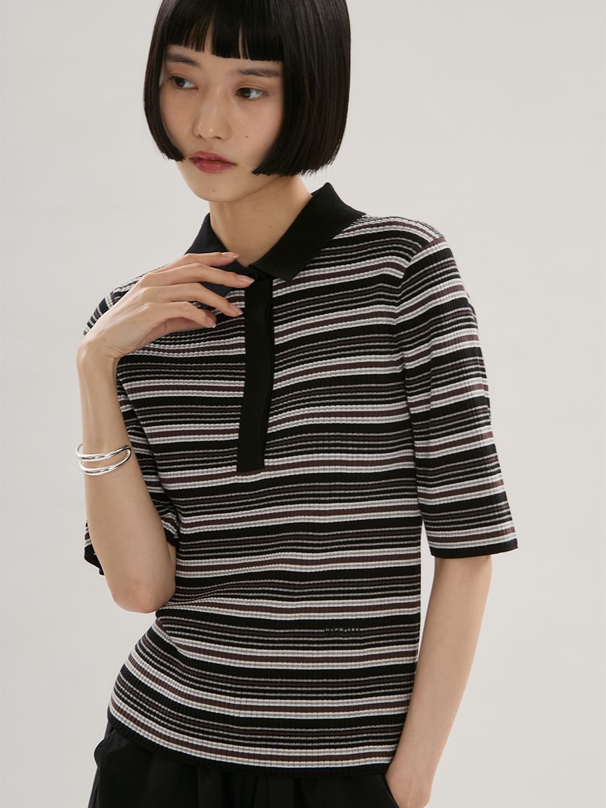 emmi atelier「マルチボーダーポロニット/ウォッシャブル/UVカット」|ニット・セーター|BLK