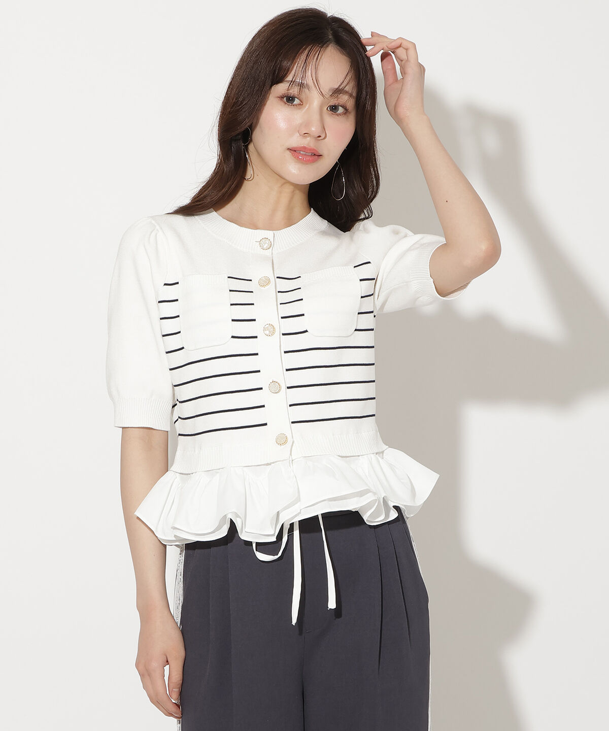 WILLSELECTION「フリルヘムドッキングカーディガン」|カーディガン|white/borderｽﾄﾗｲﾌﾟ