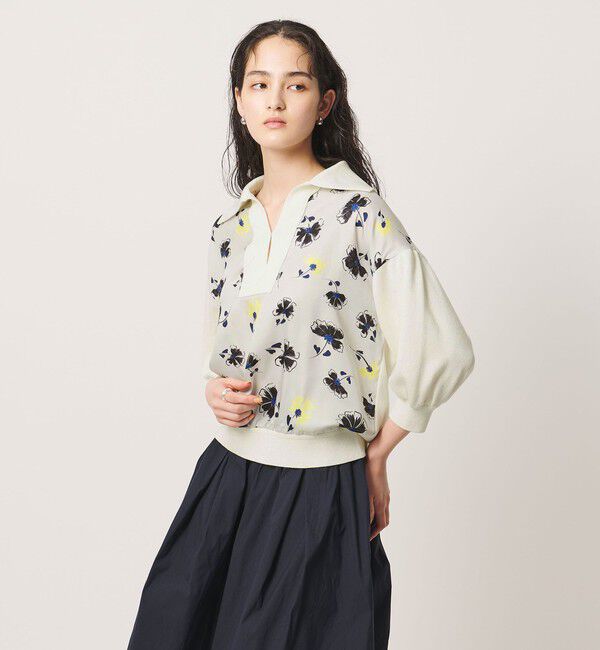 UNITED ARROWS「６分袖 プリント ニット コンビ シャツ ‐ウォッシャブル‐」|シャツ・ブラウス|OFF WHITE
