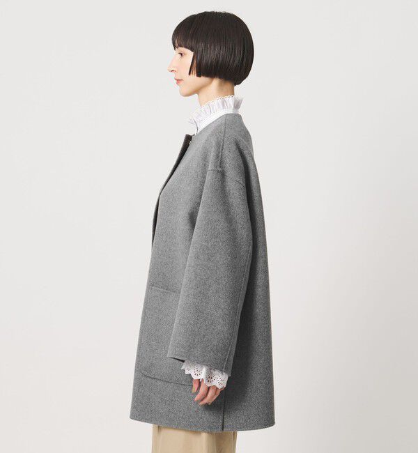 UNITED ARROWS「バイカラー リバー ミドルコート」|ノーカラーコート|