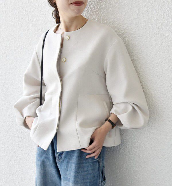 SHIPS any「《予約》SHIPS any:〈手洗い可能〉パフ スリーブ ノーカラー ジャケット［NAVY BLUE］」|ノーカラージャケット|ナチュラル