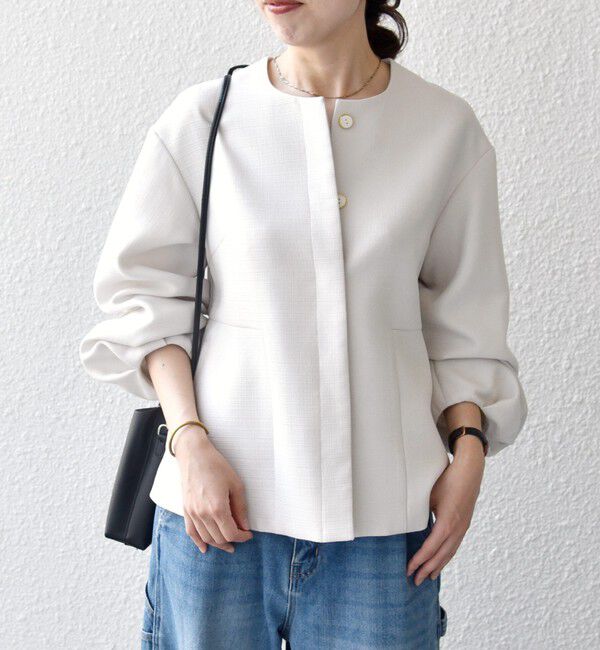SHIPS any「《予約》SHIPS any:〈手洗い可能〉パフ スリーブ ノーカラー ジャケット［NAVY BLUE］」|ノーカラージャケット|