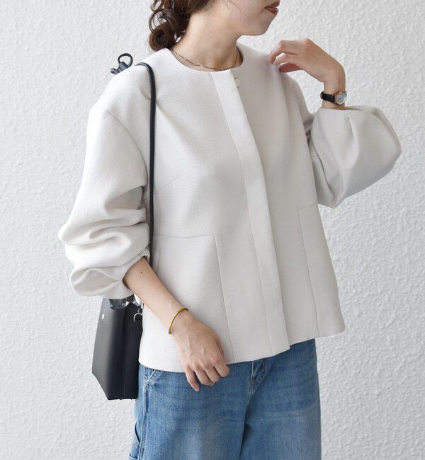 SHIPS any「《予約》SHIPS any:〈手洗い可能〉パフ スリーブ ノーカラー ジャケット［NAVY BLUE］」|ノーカラージャケット|