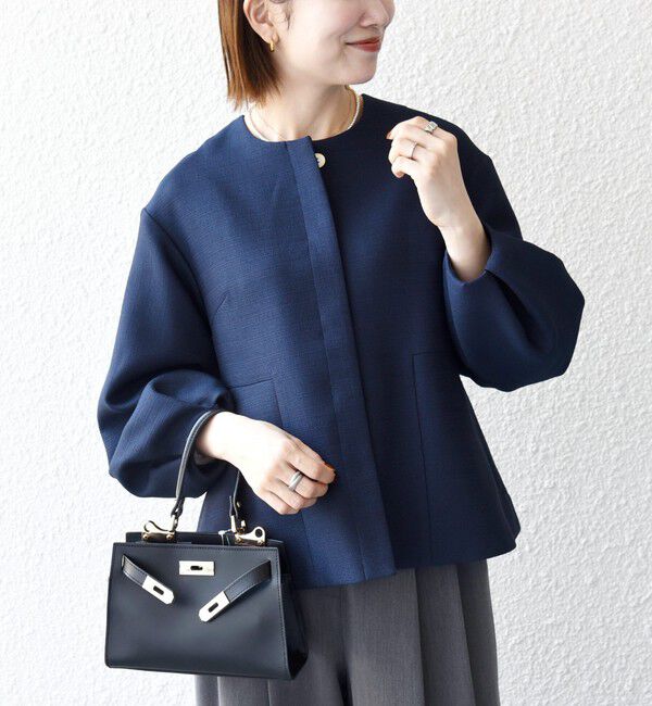 SHIPS any「《予約》SHIPS any:〈手洗い可能〉パフ スリーブ ノーカラー ジャケット［NAVY BLUE］」|ノーカラージャケット|ネイビー
