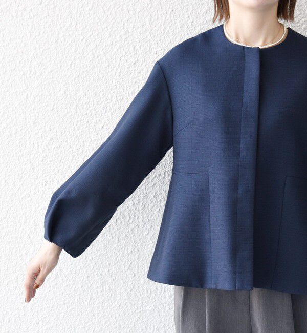 SHIPS any「《予約》SHIPS any:〈手洗い可能〉パフ スリーブ ノーカラー ジャケット［NAVY BLUE］」|ノーカラージャケット|