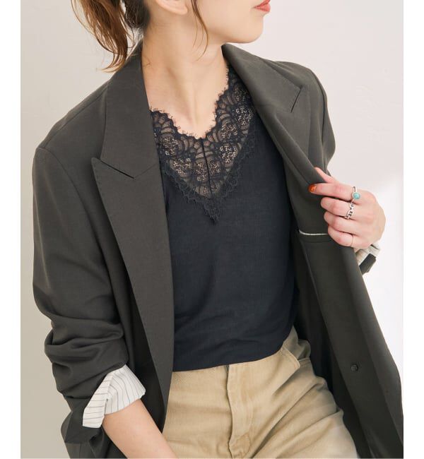 Spick and Span「《予約》レースドッキングVネックインナー」|Tシャツ・カットソー|ブラック