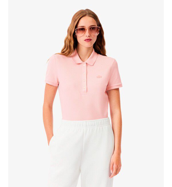 LACOSTE「スリムフィット ストレッチコットンピケポロシャツ（半袖）」|ポロシャツ|ピンクベージュ