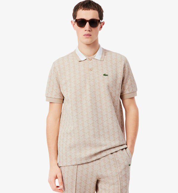 LACOSTE「モノグラムジャカード半袖ポロシャツ」|ポロシャツ|ライトベージュ