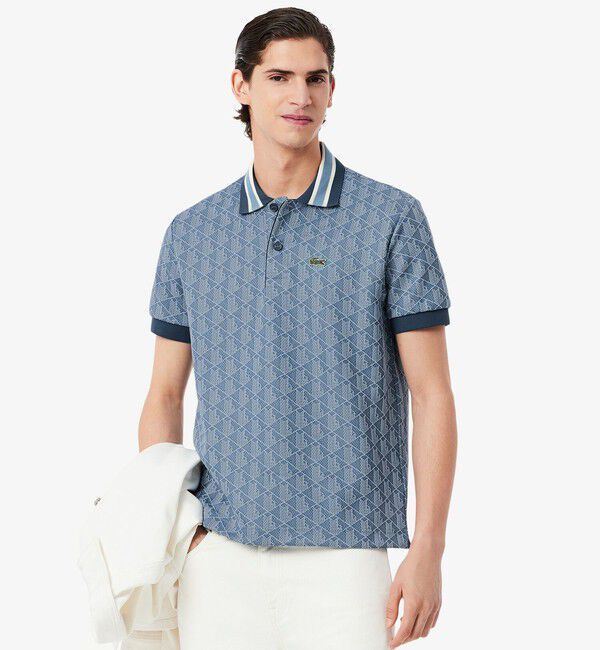 LACOSTE「モノグラムジャカード半袖ポロシャツ」|ポロシャツ|グレイッシュブルー
