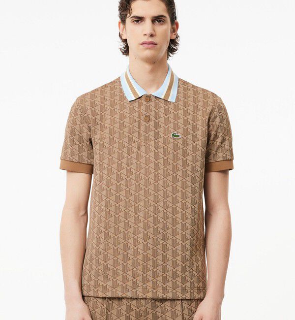 LACOSTE「モノグラムジャカード半袖ポロシャツ」|ポロシャツ|ベージュ