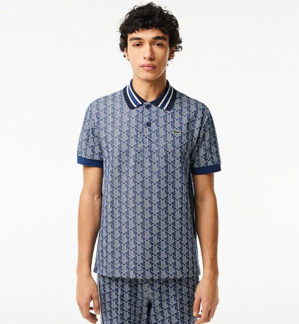 LACOSTE「モノグラムジャカード半袖ポロシャツ」|ポロシャツ|ネイビー