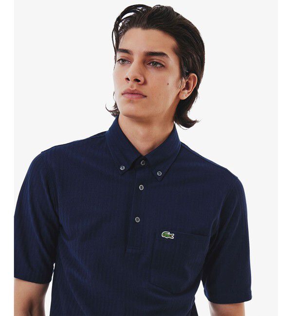 LACOSTE「鹿の子地切り替え同色ストライプボタンダウンポロシャツ」|ポロシャツ|