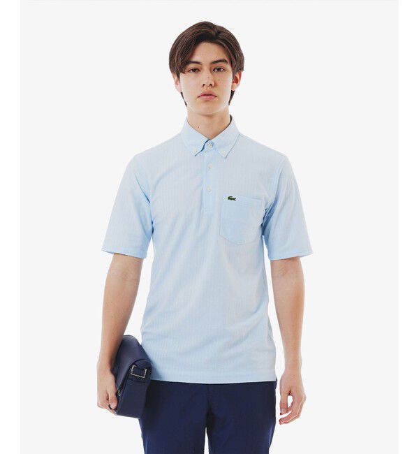LACOSTE「鹿の子地切り替え同色ストライプボタンダウンポロシャツ」|ポロシャツ|ライトブルー