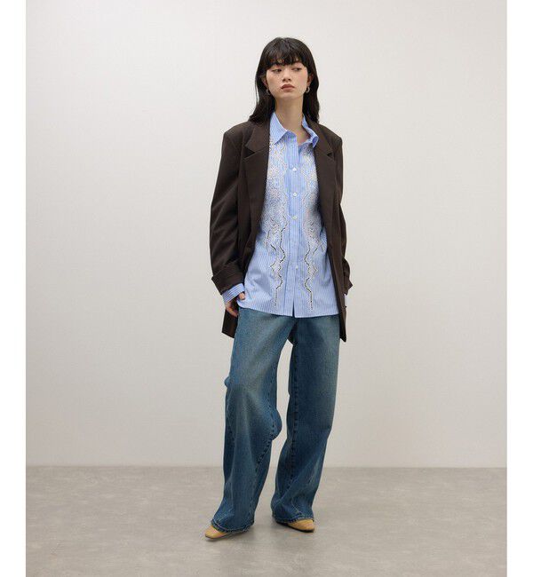ADAM ET ROPE'「【WEB限定】ストライプ＆ソリッド エンブロイダリーシャツ」|シャツ・ブラウス|