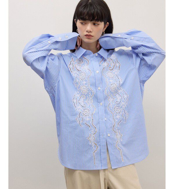 ADAM ET ROPE'「【WEB限定】ストライプ＆ソリッド エンブロイダリーシャツ」|シャツ・ブラウス|