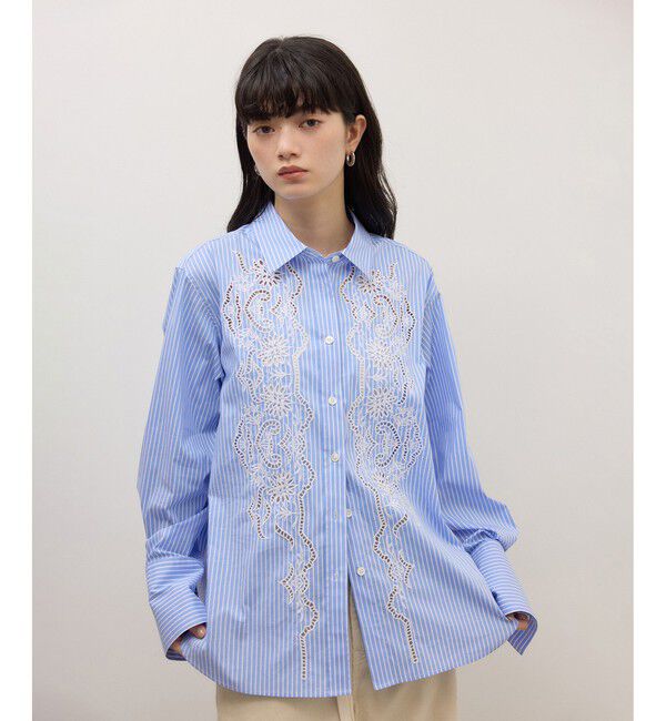 ADAM ET ROPE'「【WEB限定】ストライプ＆ソリッド エンブロイダリーシャツ」|シャツ・ブラウス|