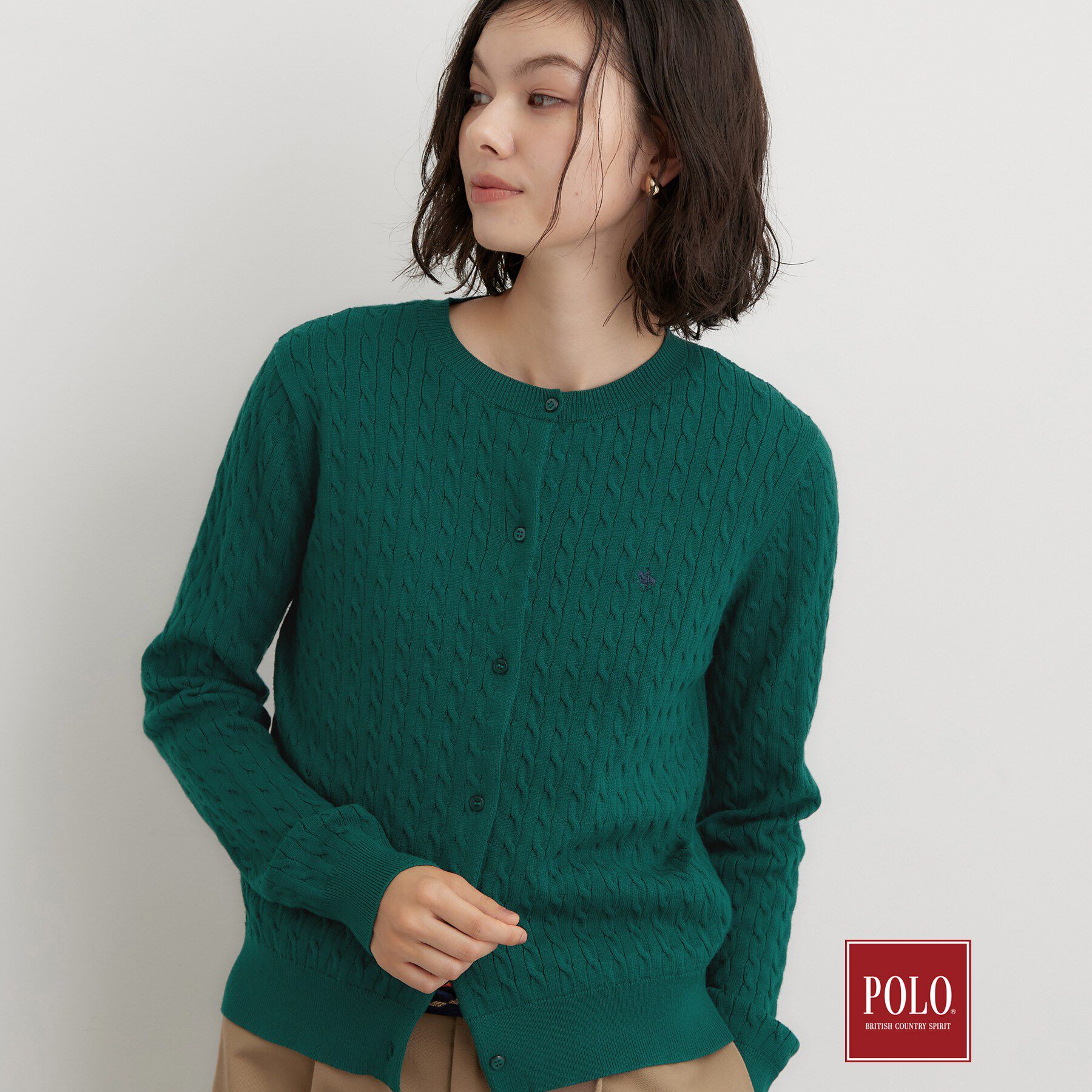 THE SHOP TK「POLO BCS/ケーブルクルーカーディガン」|カーディガン|グリーン(022)