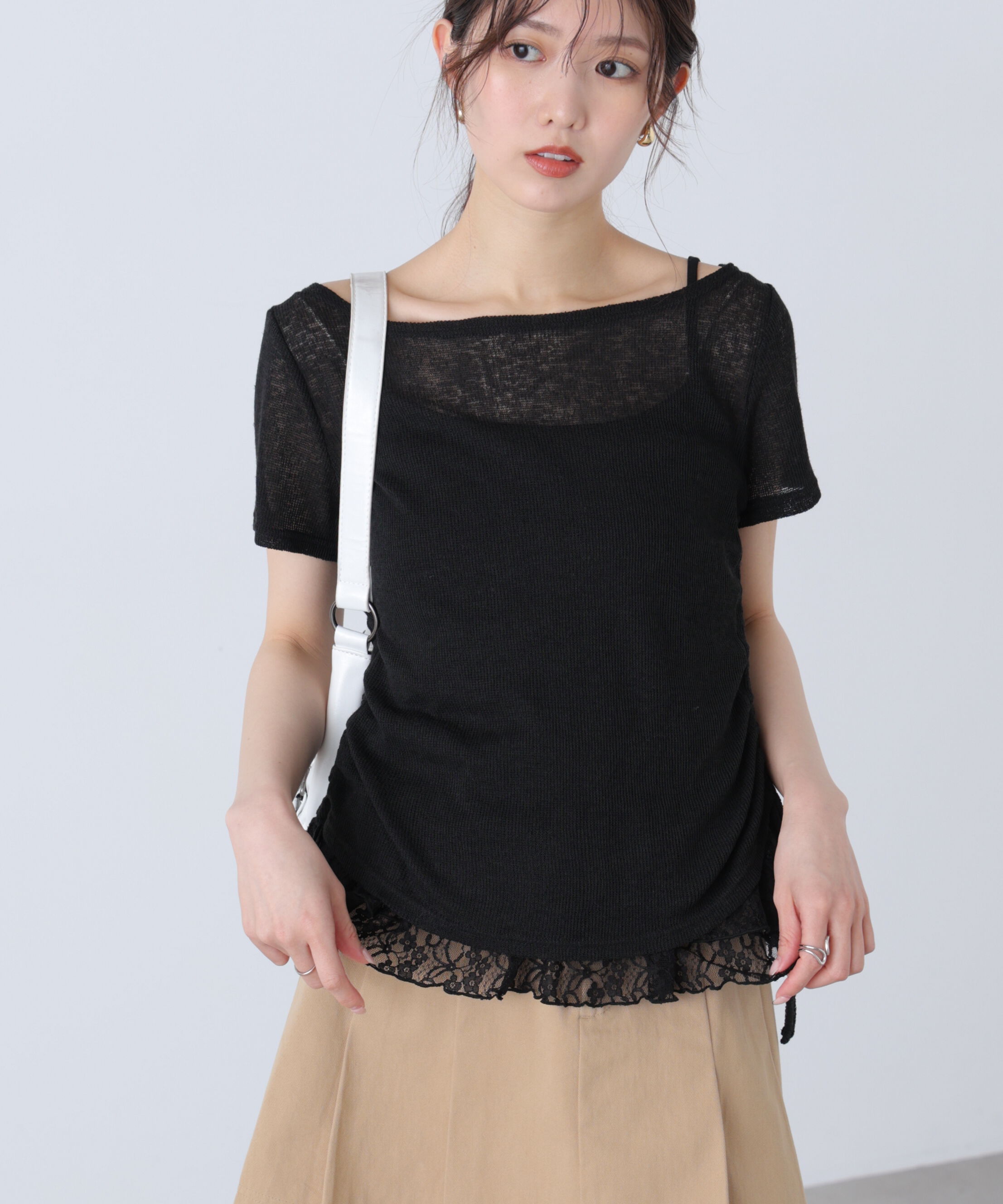  「メランジドロスト半袖レースティアードキャミセット」|Tシャツ・カットソー|
