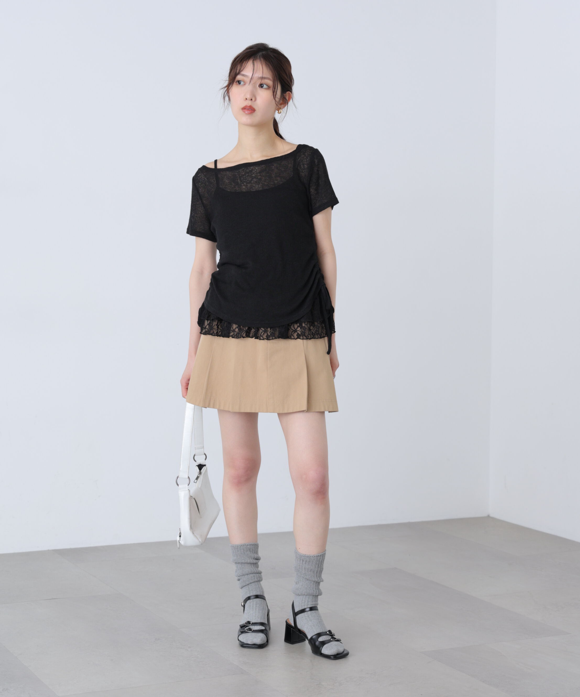  「メランジドロスト半袖レースティアードキャミセット」|Tシャツ・カットソー|