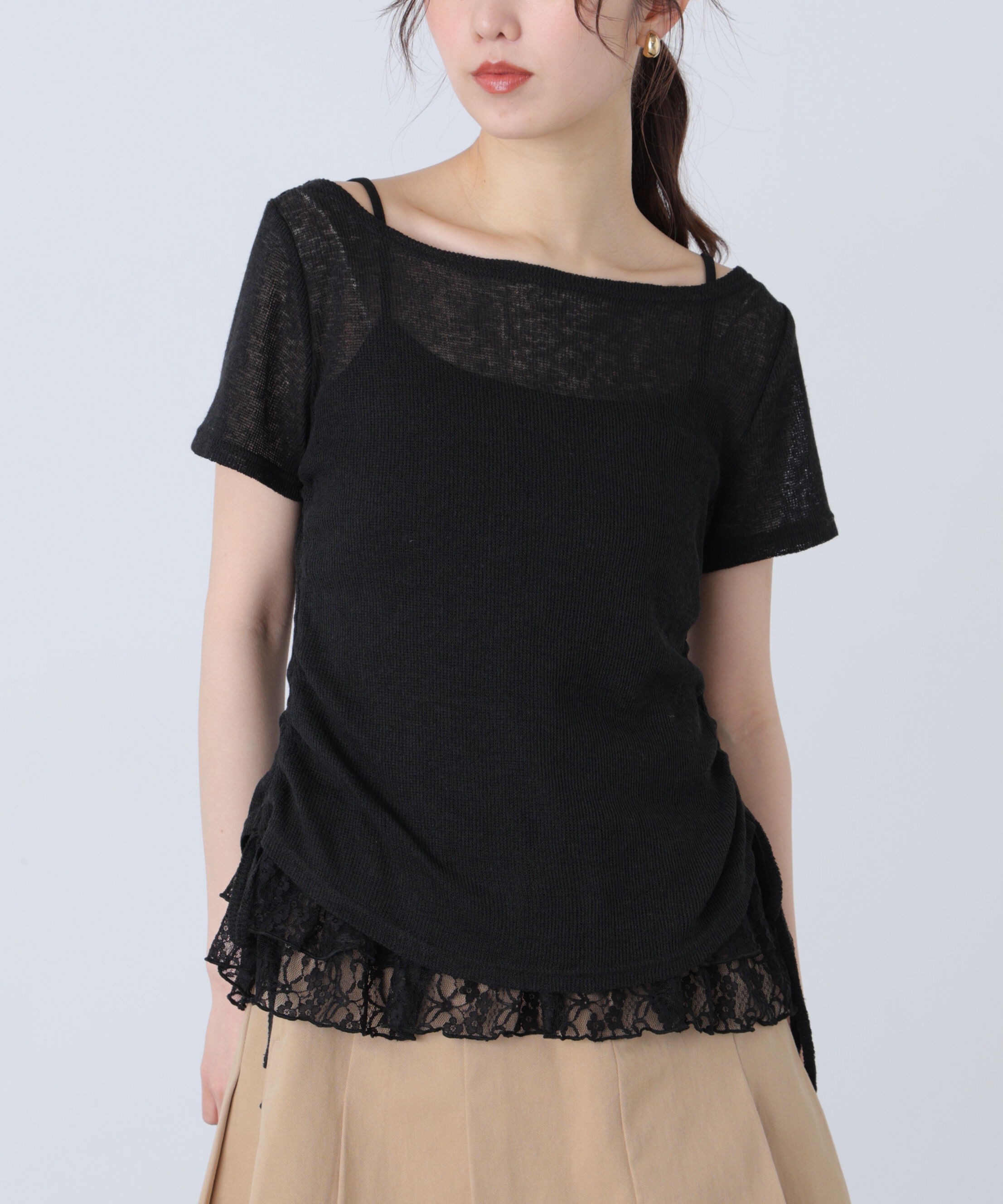  「メランジドロスト半袖レースティアードキャミセット」|Tシャツ・カットソー|