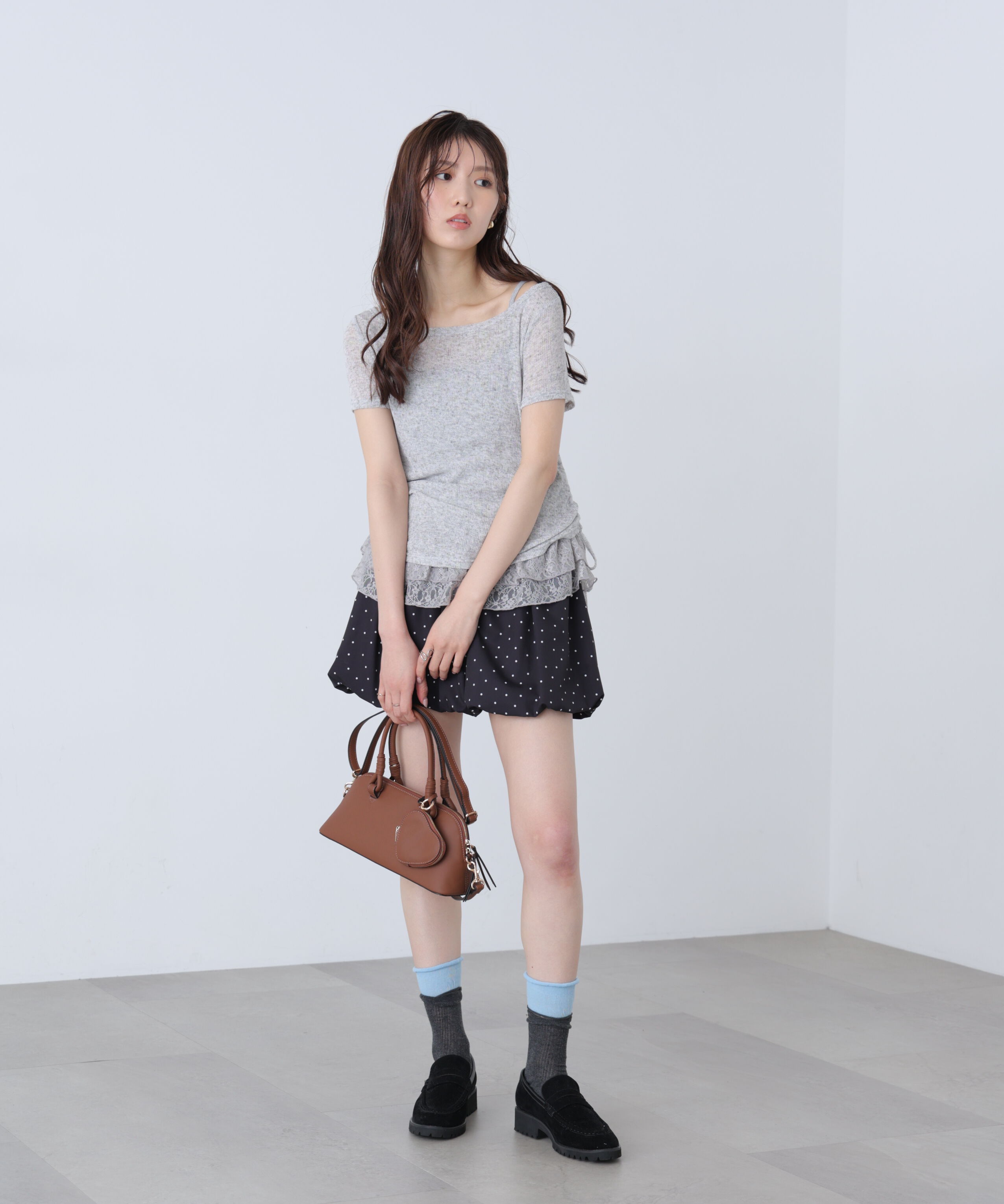  「メランジドロスト半袖レースティアードキャミセット」|Tシャツ・カットソー|